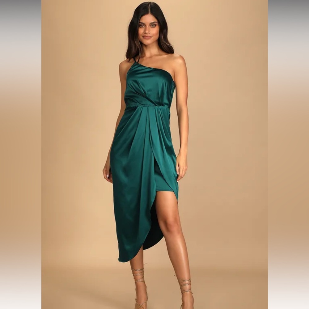 Law of Attraction Emerald One-Shoulder Asymmetrical Midi Dress - Lulus